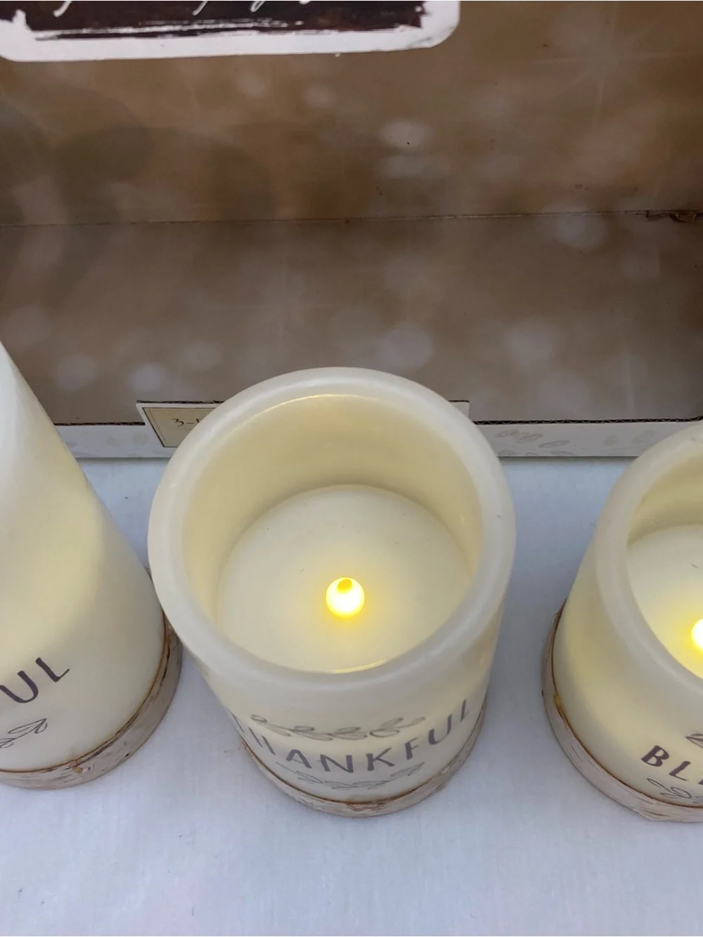 Apothecary & Co. Cream LED Candle Set - Grateful Thankful Blessed in box.